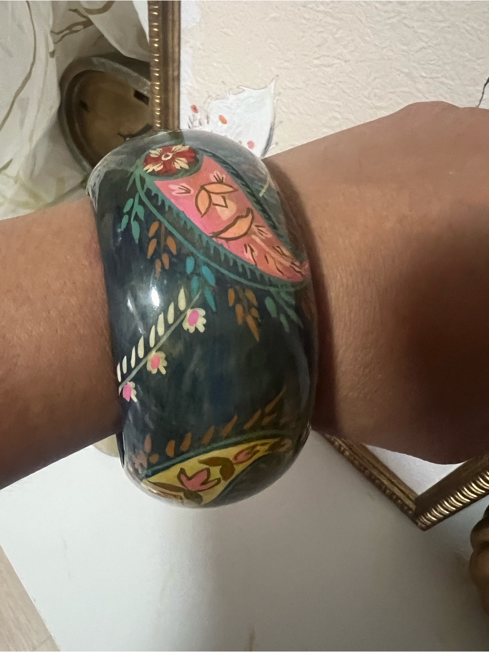 Hand-Painted Floral Black and Pink Decorative Bracelet - Picture 4 of 6